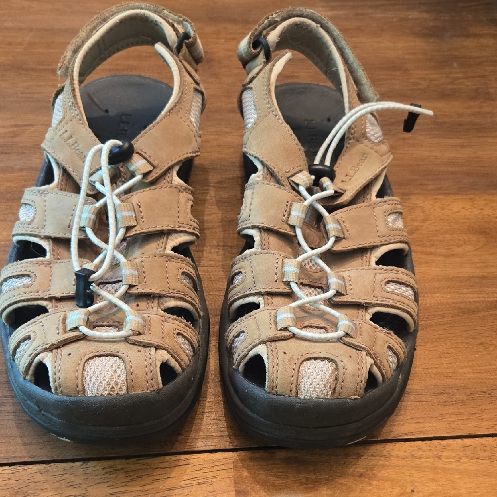 L.L. Bean Tan Leather Outdoor Fisherman Sandals with White Accents